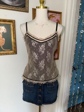 Vintage Y2K Lace-Trim Floral Mesh Cami Top - Taupe/Beige